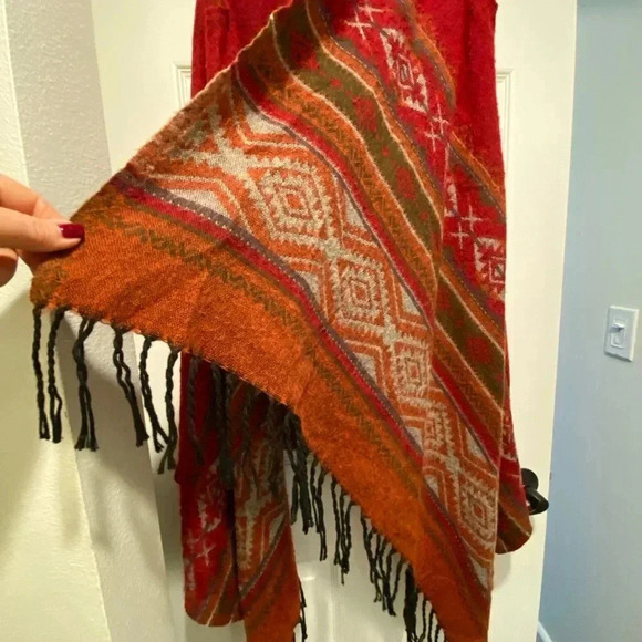 Earthbound Womens Boho Sweater Poncho Vest Wrap Cape High Low Aztec Fringe acryl - Picture 5 of 14